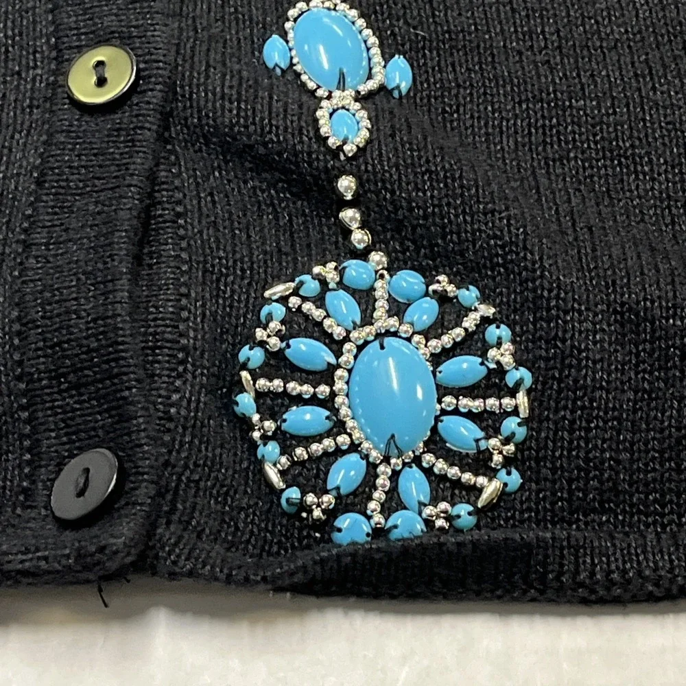Denim & Co Sweater 2X Black Turquoise Silver Beaded Embellished Cardigan Western